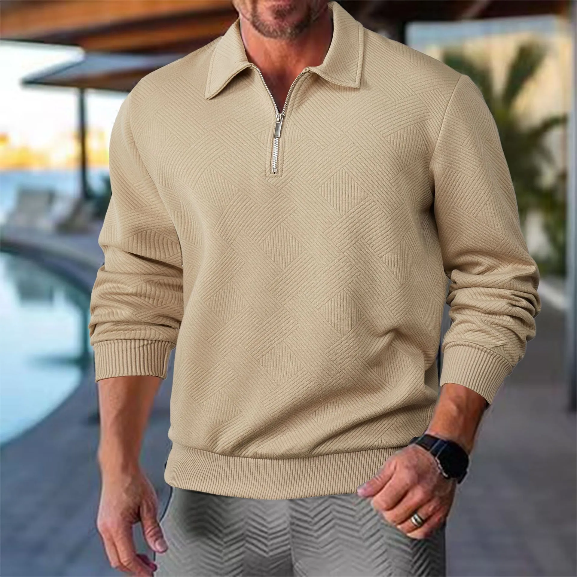 Men's Sweater - Half Zip - Knitted Texture Pattern - Ribbed Cuffs - Comfort Fit - Image 11