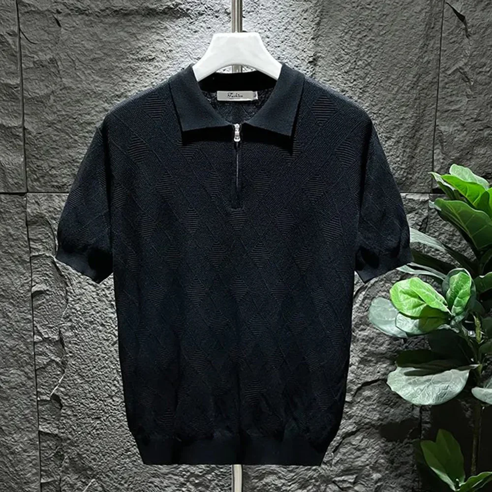 Men's Polo Shirt - Knitted Cotton - Short Sleeve - Zipper Closure - Casual Slim Fit - Image 2