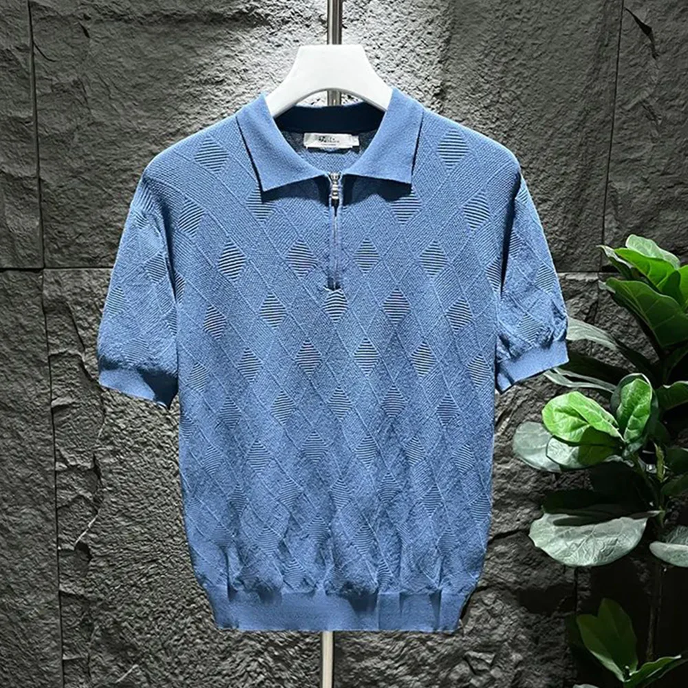 Men's Polo Shirt - Knitted Cotton - Short Sleeve - Zipper Closure - Casual Slim Fit - Image 5