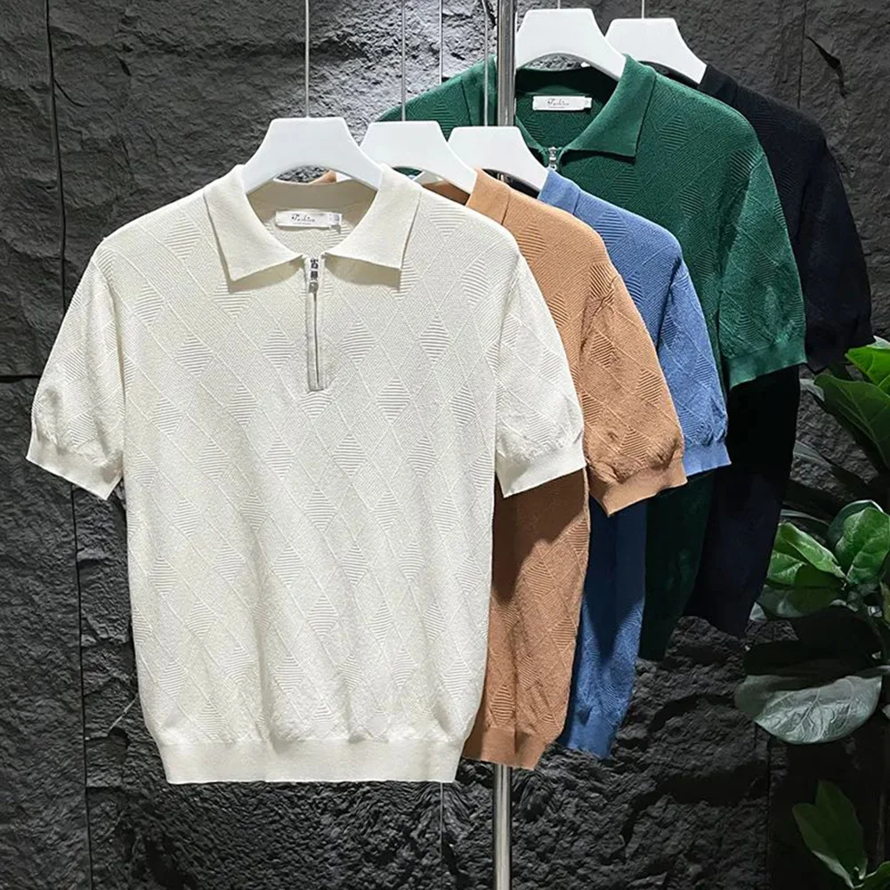 Men's Polo Shirt - Knitted Cotton - Short Sleeve - Zipper Closure - Casual Slim Fit - Image 6