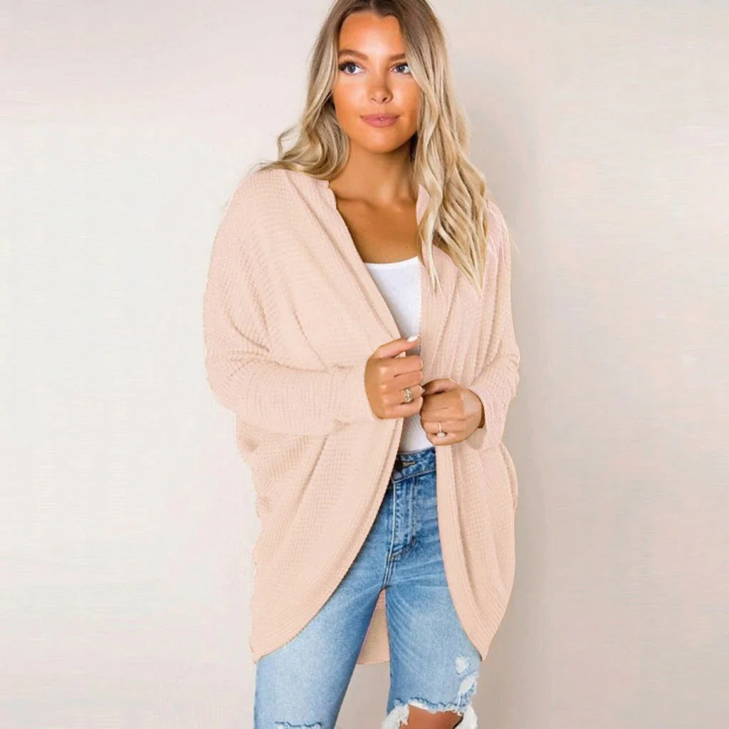 Women's Cardigan - Loose-Fitting Open Front - Waffle Texture - Long Sleeves Casual Layer - Image 2