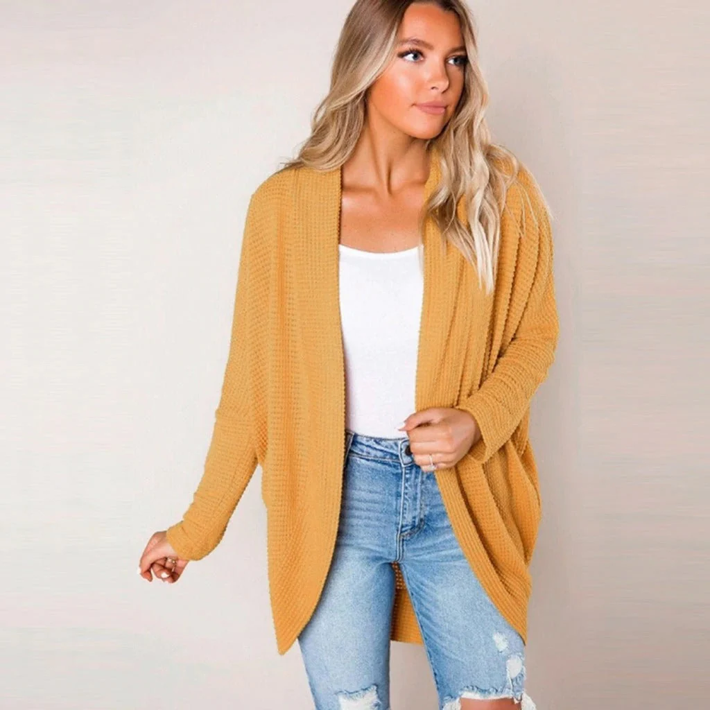 Women's Cardigan - Loose-Fitting Open Front - Waffle Texture - Long Sleeves Casual Layer - Image 3