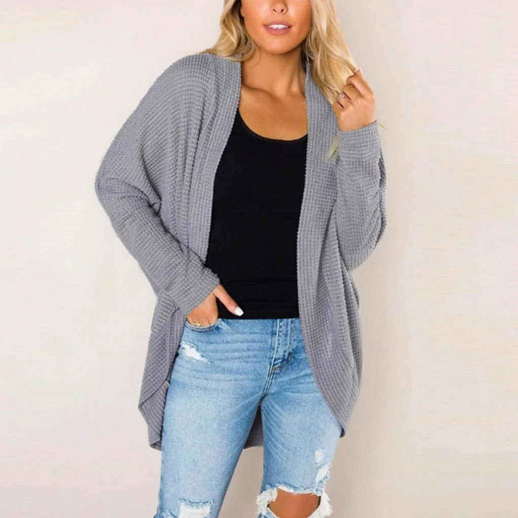 Women's Cardigan - Loose-Fitting Open Front - Waffle Texture - Long Sleeves Casual Layer - Image 4
