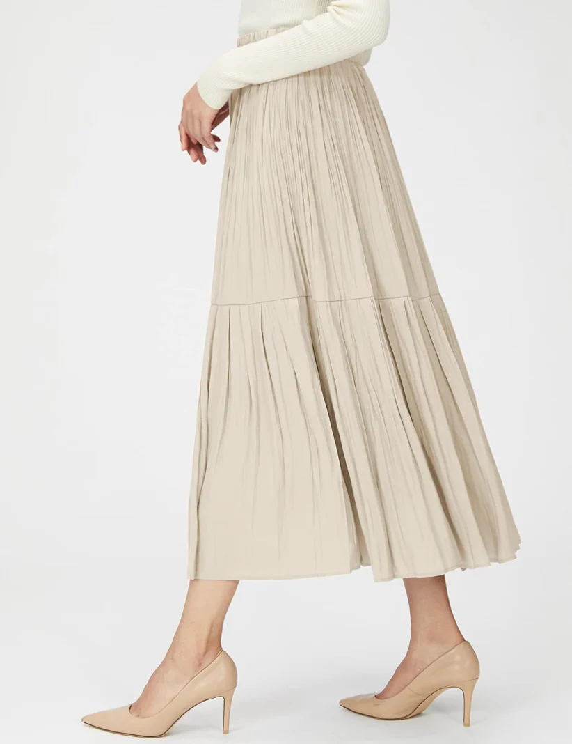 Women's Midi Skirt - High Waist - Pleated Design - Elastic Waistband - Lightweight Fabric - Image 2