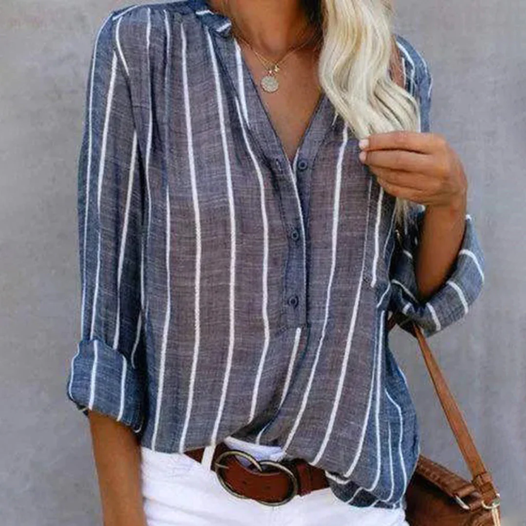 Women's Blouse – Relaxed Fit – V-Neck – Long Sleeves – Lightweight Fabric – Striped Design - Image 2