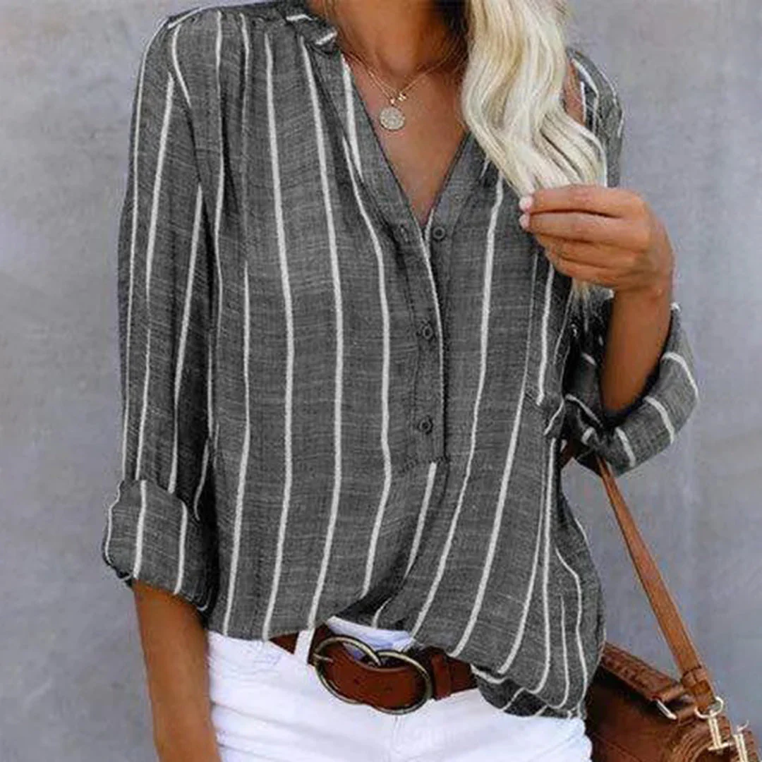 Women's Blouse – Relaxed Fit – V-Neck – Long Sleeves – Lightweight Fabric – Striped Design - Image 3