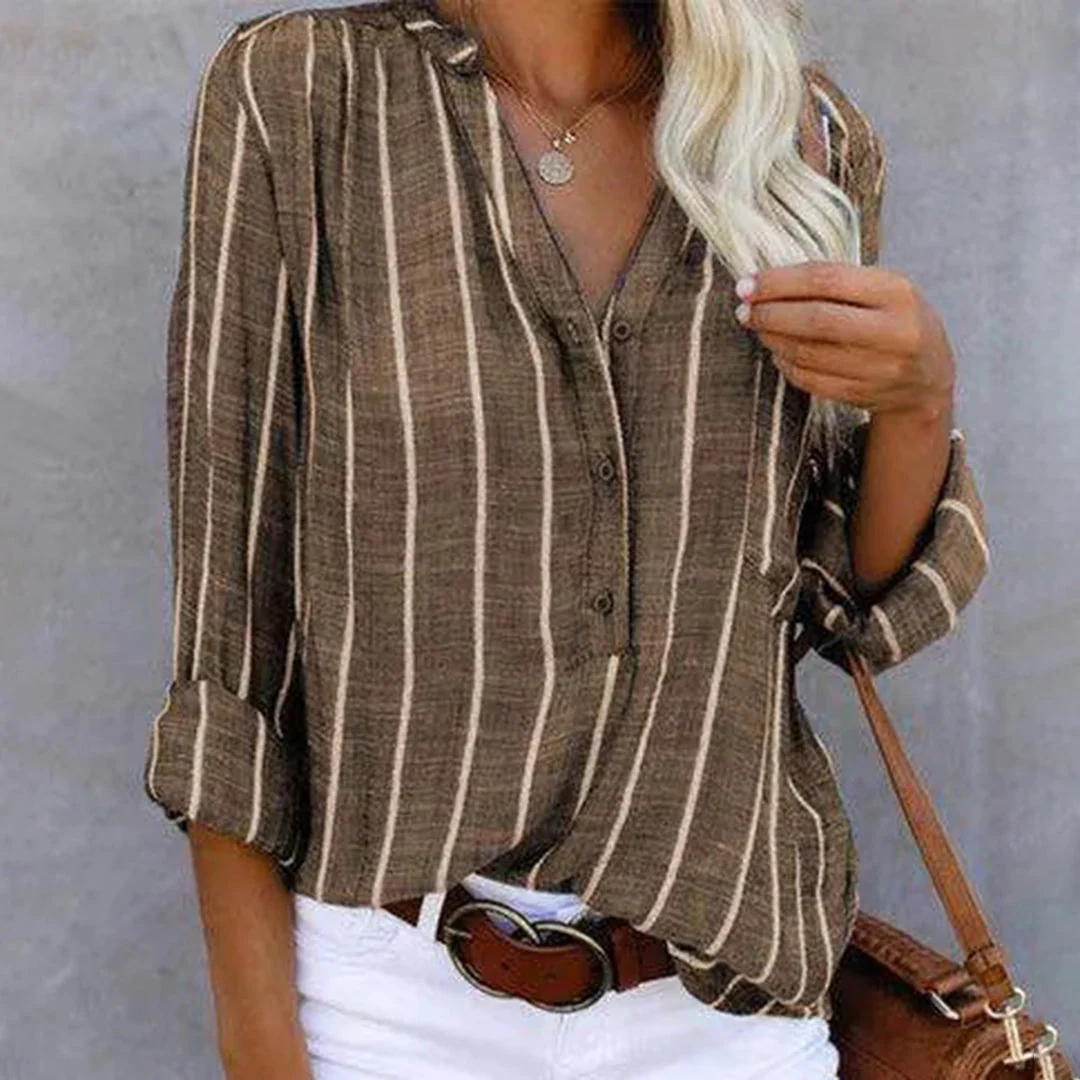 Women's Blouse – Relaxed Fit – V-Neck – Long Sleeves – Lightweight Fabric – Striped Design - Image 4