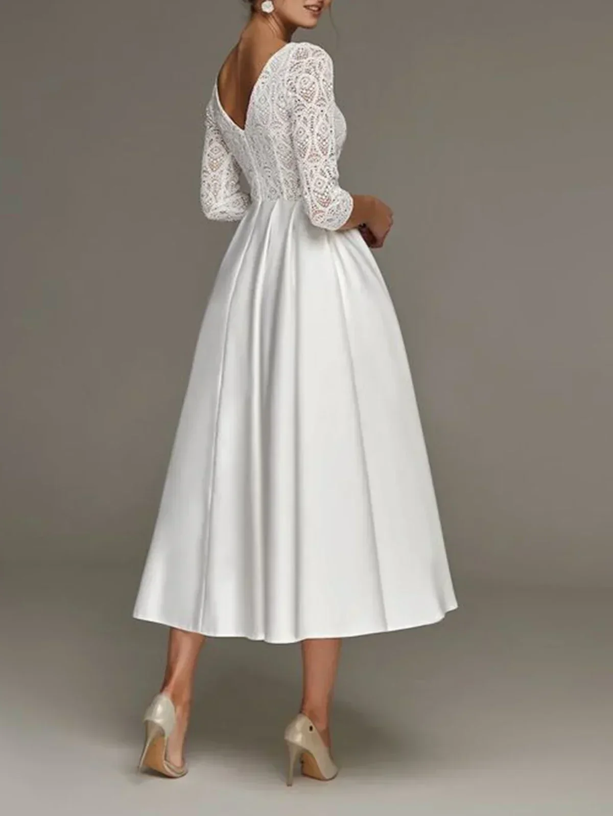 Ladies Evening Dress - A-line Fit - Lace Top - V-neck - 3/4 Sleeves - With Pockets - Image 2
