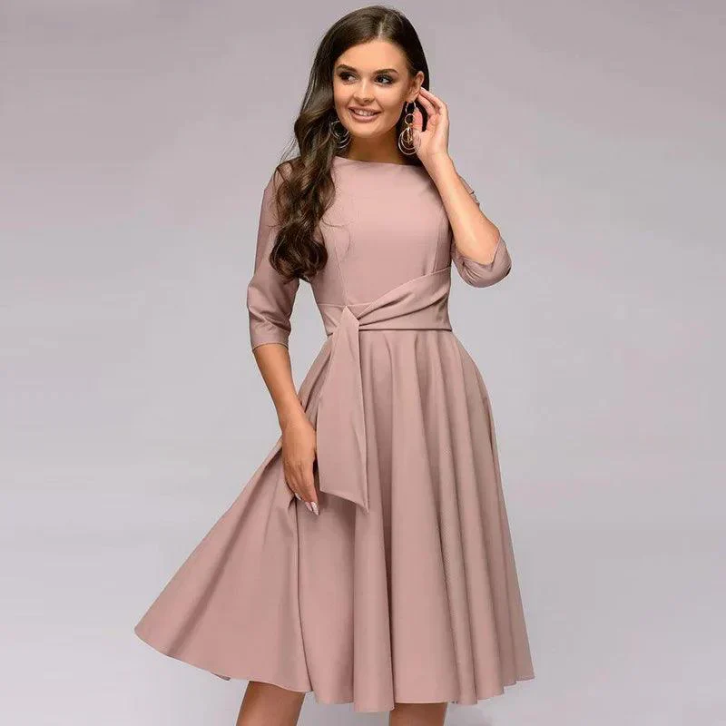 Ladies Midi Dress - A-line Fit - Three-quarter Sleeves - Bateau Neckline - Bow Belt - Image 2
