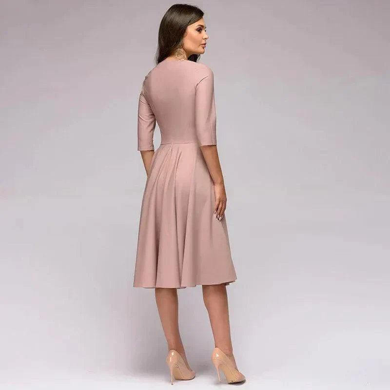 Ladies Midi Dress - A-line Fit - Three-quarter Sleeves - Bateau Neckline - Bow Belt - Image 3