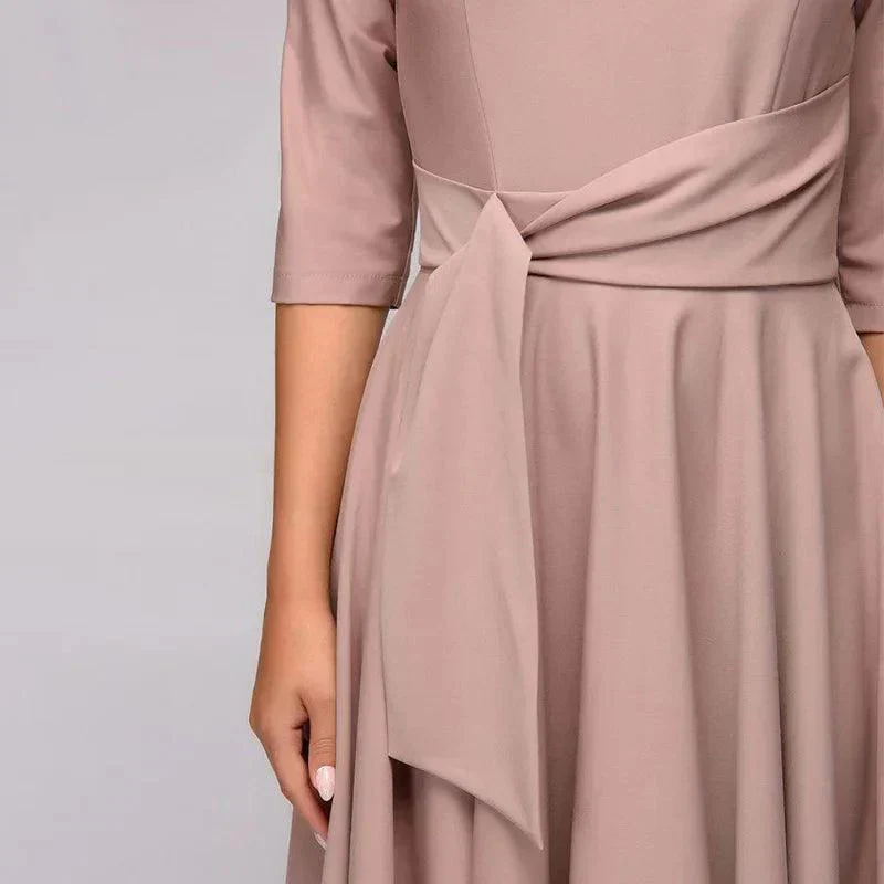 Ladies Midi Dress - A-line Fit - Three-quarter Sleeves - Bateau Neckline - Bow Belt - Image 4