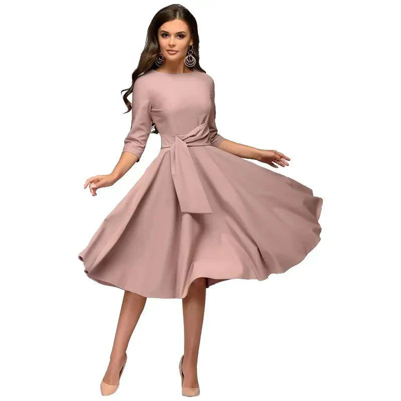 Ladies Midi Dress - A-line Fit - Three-quarter Sleeves - Bateau Neckline - Bow Belt - Image 6