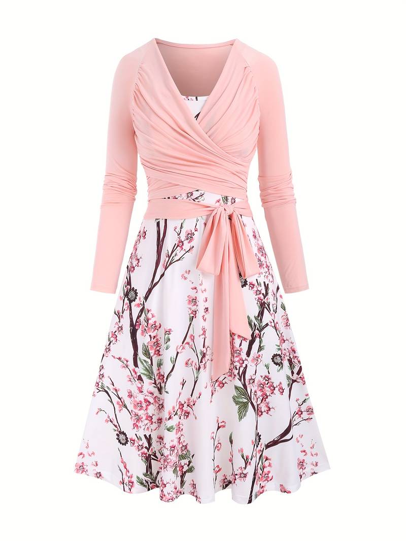 Ladies Dress - Wrap Model with V-Neck - Long Sleeves - A-Line - Waist Belt - Image 6