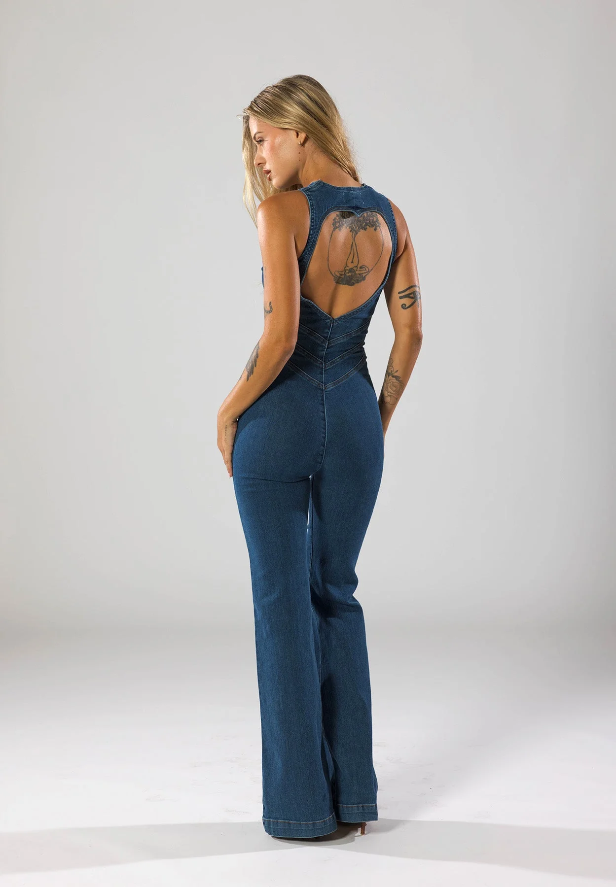 Women's Jumpsuit – Denim – Deep V-Neck – Flared Legs – Tailored Fit – Zip Closure - Image 3