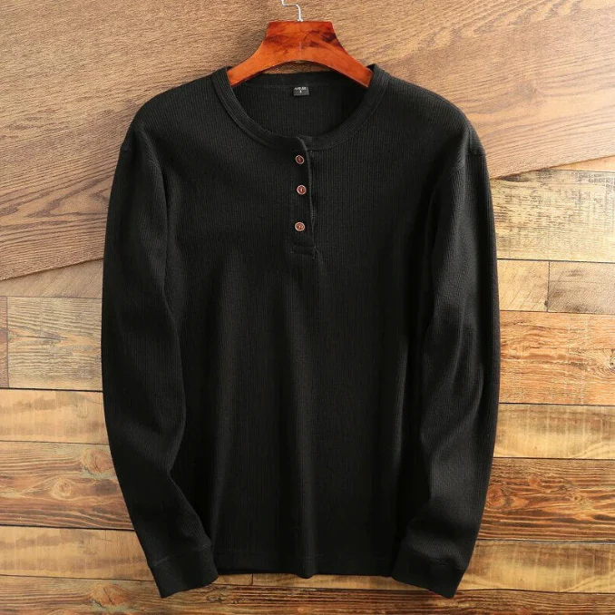 Men's Henley Shirt - Waffle Texture - Long Sleeve - Button Closure - Regular Fit - Image 3
