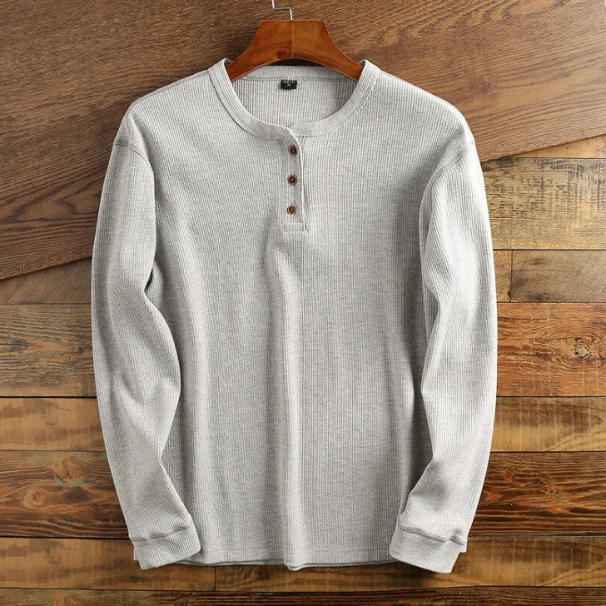 Men's Henley Shirt - Waffle Texture - Long Sleeve - Button Closure - Regular Fit - Image 4