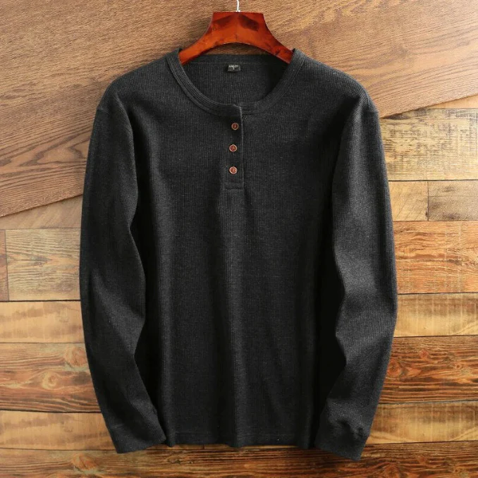 Men's Henley Shirt - Waffle Texture - Long Sleeve - Button Closure - Regular Fit - Image 5
