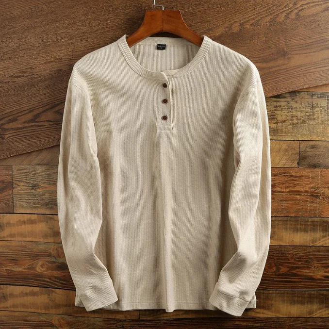 Men's Henley Shirt - Waffle Texture - Long Sleeve - Button Closure - Regular Fit - Image 6