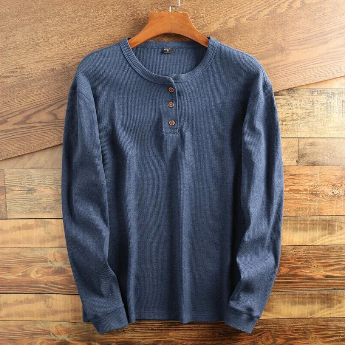 Men's Henley Shirt - Waffle Texture - Long Sleeve - Button Closure - Regular Fit - Image 7