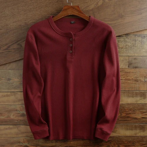 Men's Henley Shirt - Waffle Texture - Long Sleeve - Button Closure - Regular Fit - Image 8