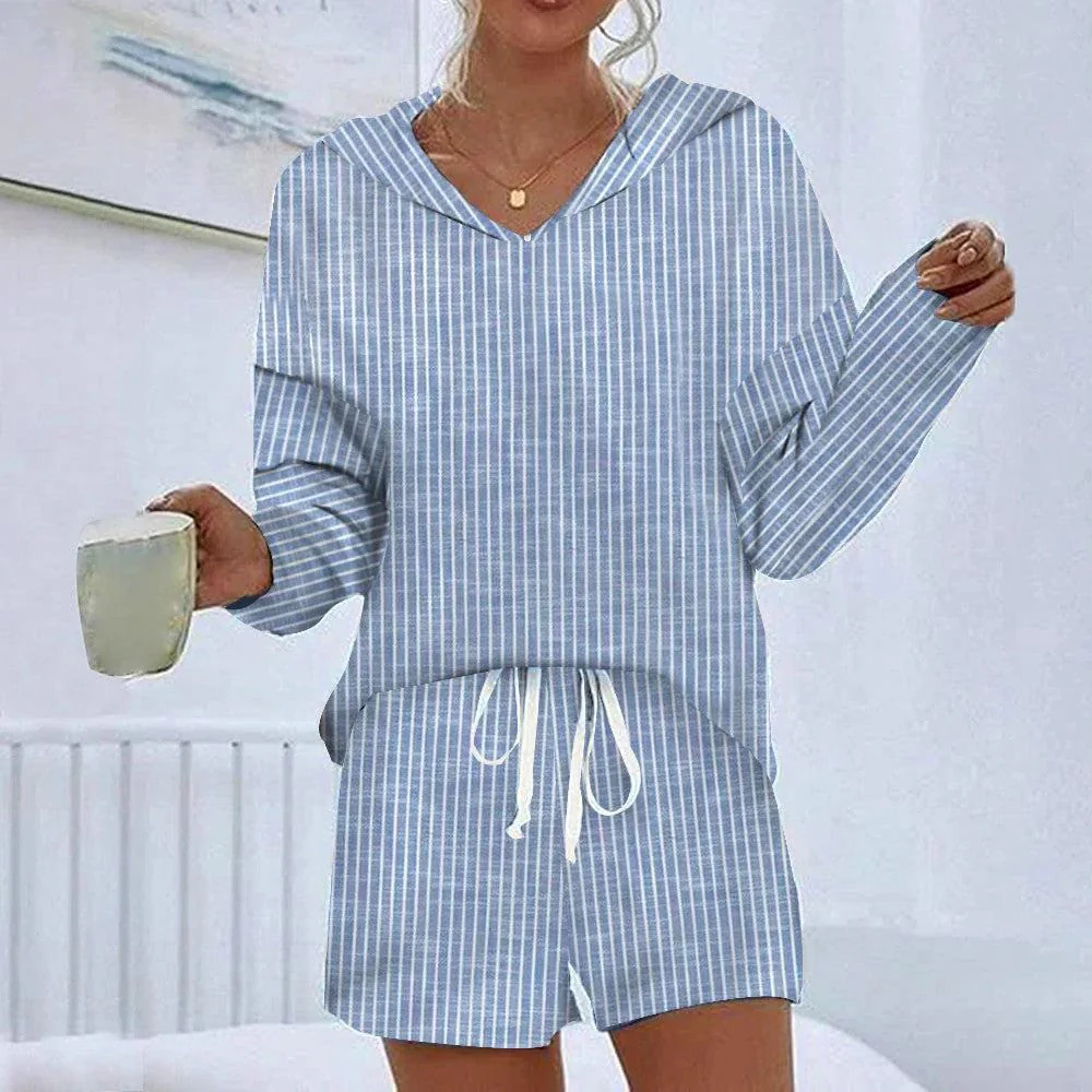 Women's Loungewear Set – V-Neck Hoodie – Loose Fit – Striped Top and Shorts - Image 2