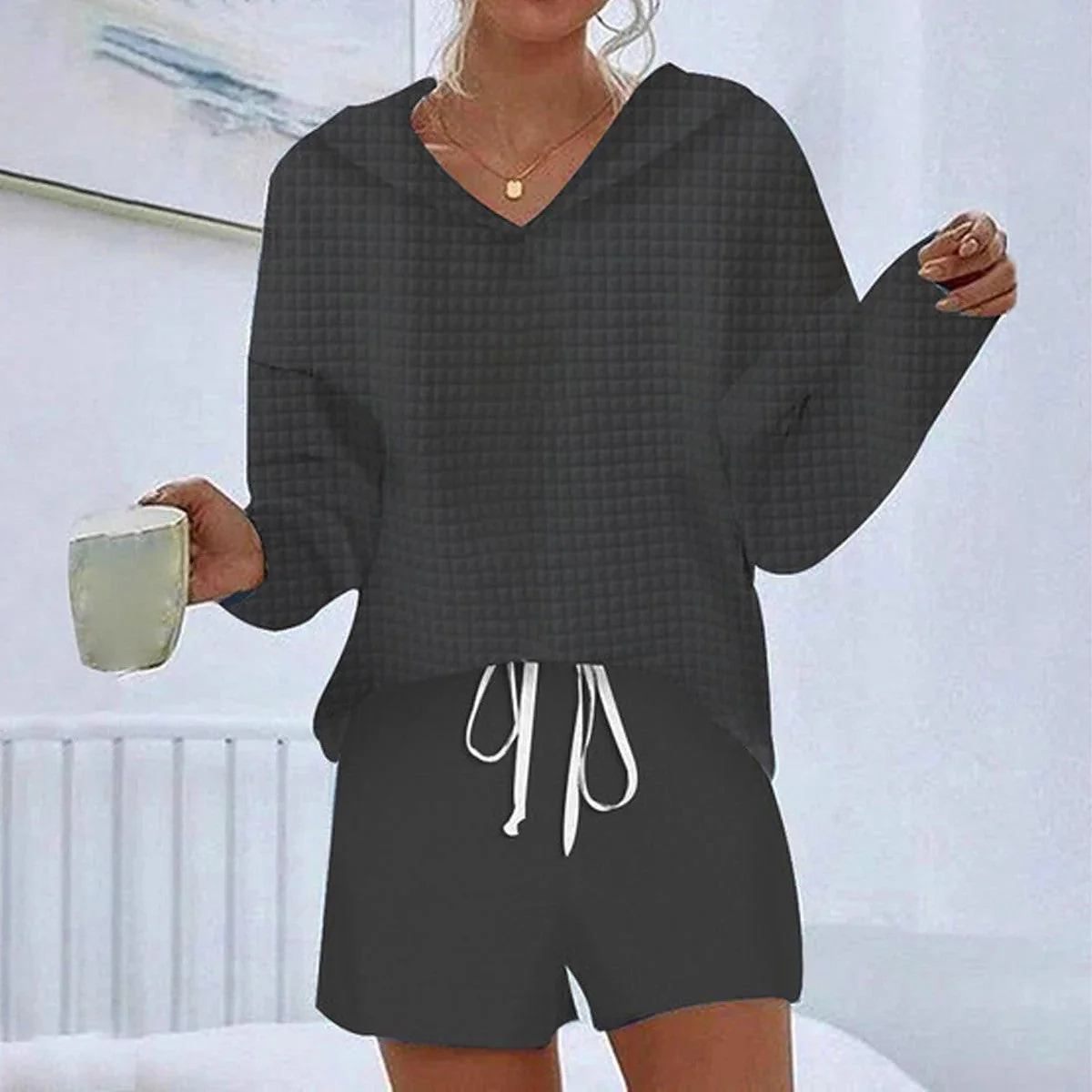 Women's Loungewear Set – V-Neck Hoodie – Loose Fit – Striped Top and Shorts - Image 3