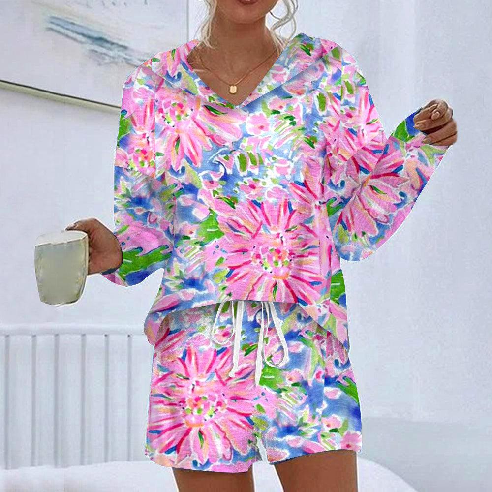 Women's Loungewear Set – V-Neck Hoodie – Loose Fit – Striped Top and Shorts - Image 4
