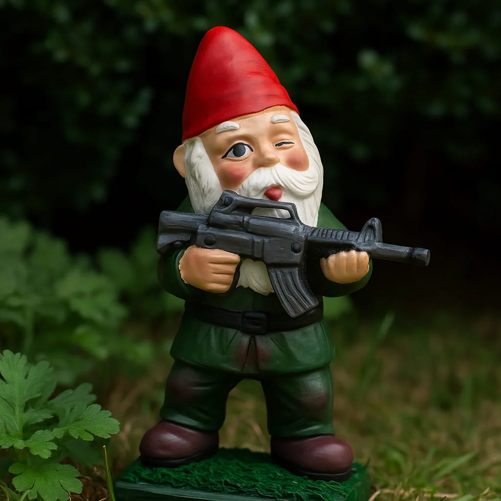 Whimsical Ceramic Garden Gnome With Rifle - Image 3