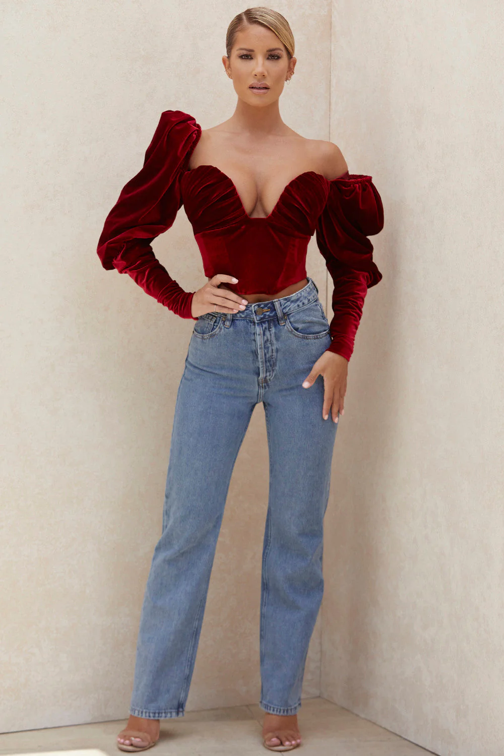 Ladies Corset Top - Velvet - Sweetheart Neckline - Long Puff Sleeves - Image 6