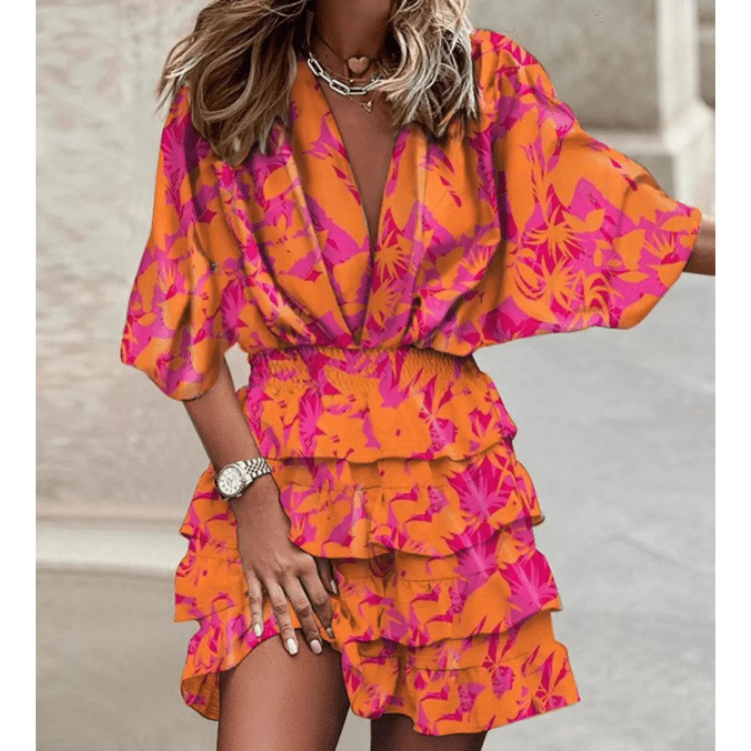 Ladies Dress - V-Neck - Short Sleeve - Elastic Waist - Ruffles - Airy Fabric - Image 2