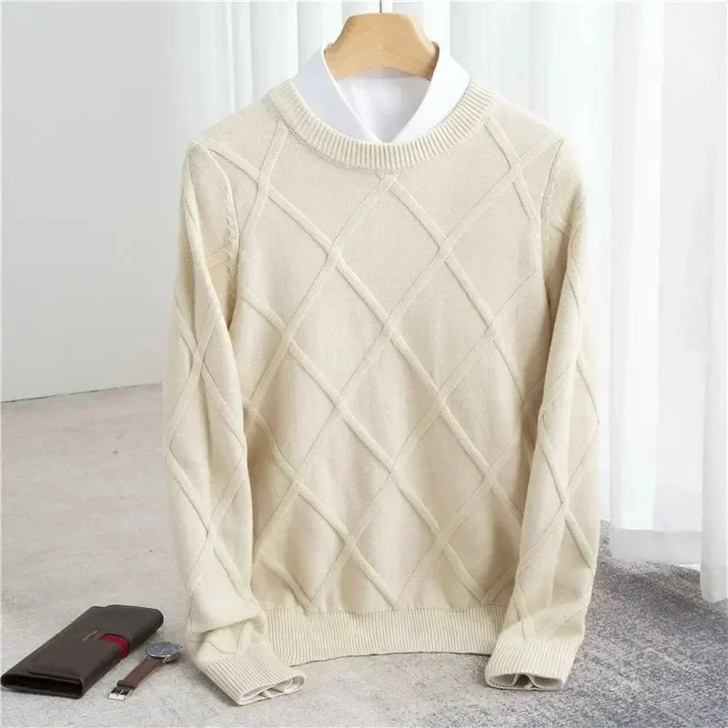 Men's Sweater – Diamond Knit – Round Neck – Ribbed Trims – Comfortable Cotton Blend - Image 3