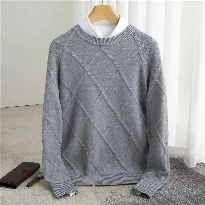Men's Sweater – Diamond Knit – Round Neck – Ribbed Trims – Comfortable Cotton Blend - Image 5