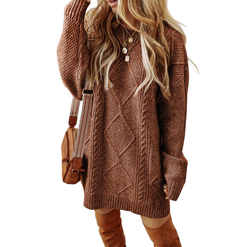 Women's Knitted Sweater Dress β Loose Fit β Cable Pattern β Round Neck β Long Sleeves - Image 6