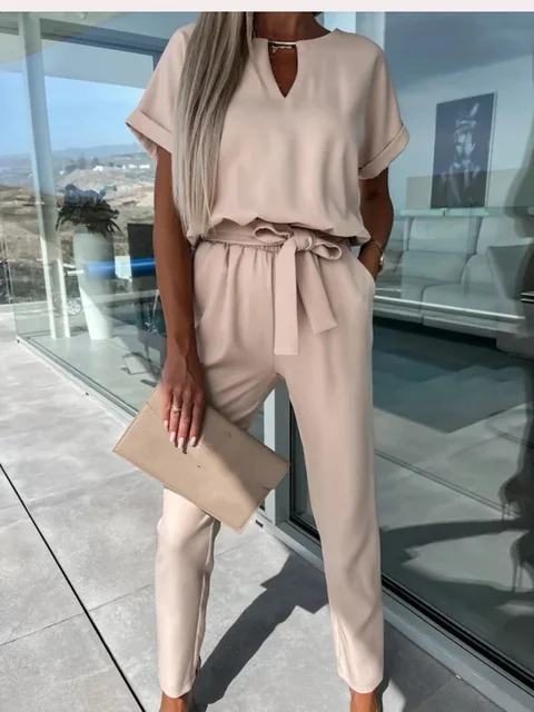 Ladies Jumpsuit - Relaxed Fit - Cinched Waist - Short Sleeves - Long Trouser Legs - Image 10