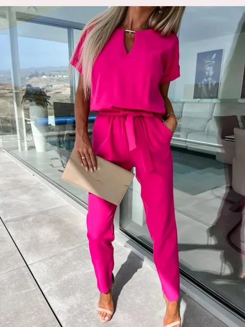 Ladies Jumpsuit - Relaxed Fit - Cinched Waist - Short Sleeves - Long Trouser Legs - Image 11