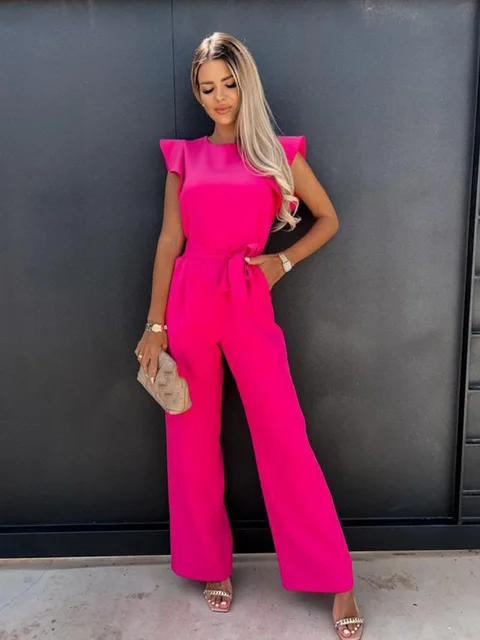 Ladies Jumpsuit - Relaxed Fit - Cinched Waist - Short Sleeves - Long Trouser Legs - Image 13