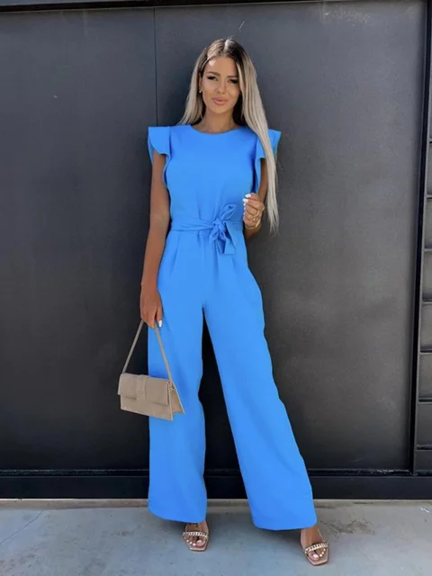 Ladies Jumpsuit - Relaxed Fit - Cinched Waist - Short Sleeves - Long Trouser Legs - Image 14