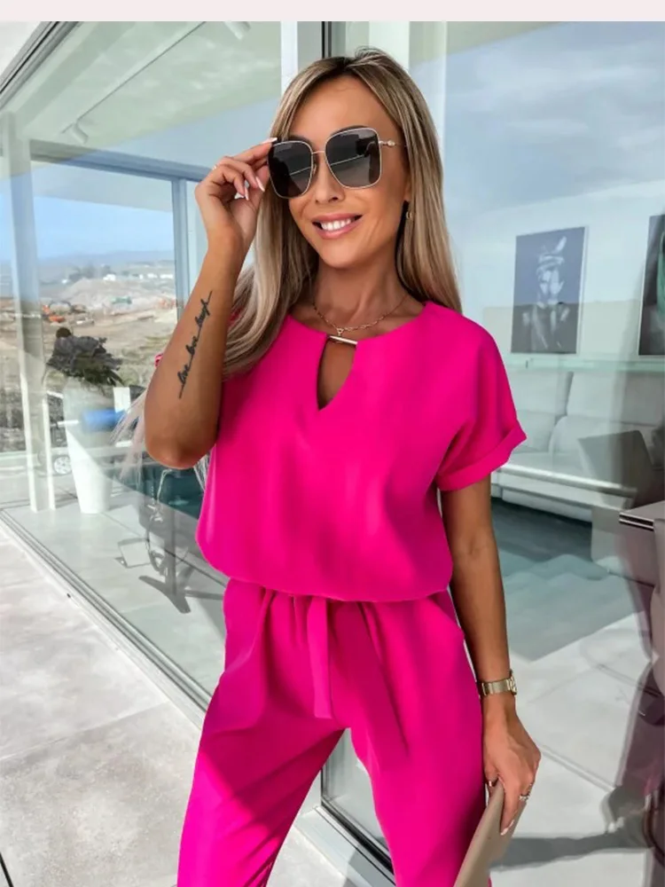 Ladies Jumpsuit - Relaxed Fit - Cinched Waist - Short Sleeves - Long Trouser Legs - Image 2