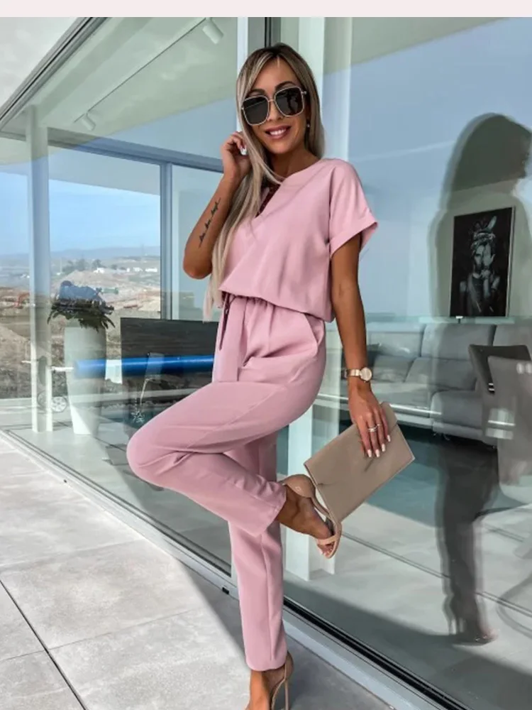 Ladies Jumpsuit - Relaxed Fit - Cinched Waist - Short Sleeves - Long Trouser Legs - Image 3