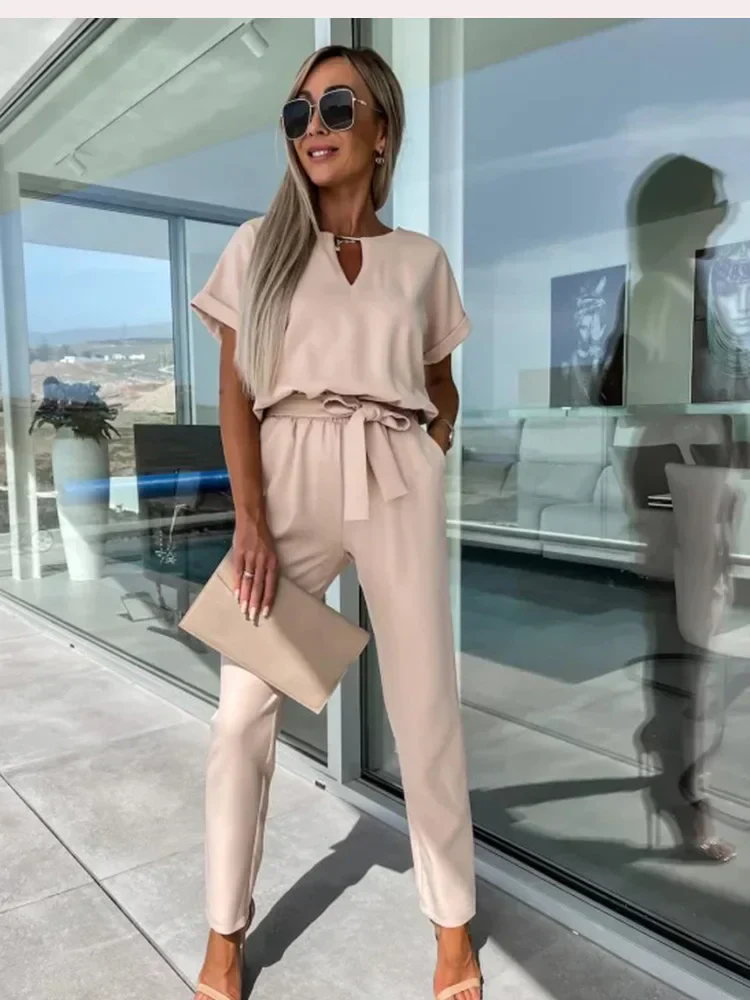 Ladies Jumpsuit - Relaxed Fit - Cinched Waist - Short Sleeves - Long Trouser Legs - Image 6