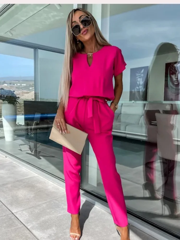 Ladies Jumpsuit - Relaxed Fit - Cinched Waist - Short Sleeves - Long Trouser Legs - Image 7