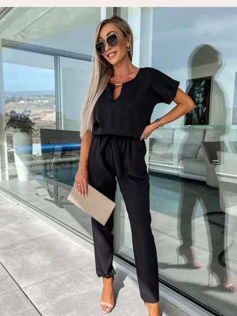 Ladies Jumpsuit - Relaxed Fit - Cinched Waist - Short Sleeves - Long Trouser Legs - Image 8