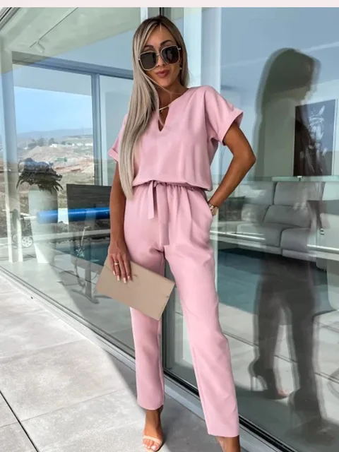 Ladies Jumpsuit - Relaxed Fit - Cinched Waist - Short Sleeves - Long Trouser Legs - Image 9