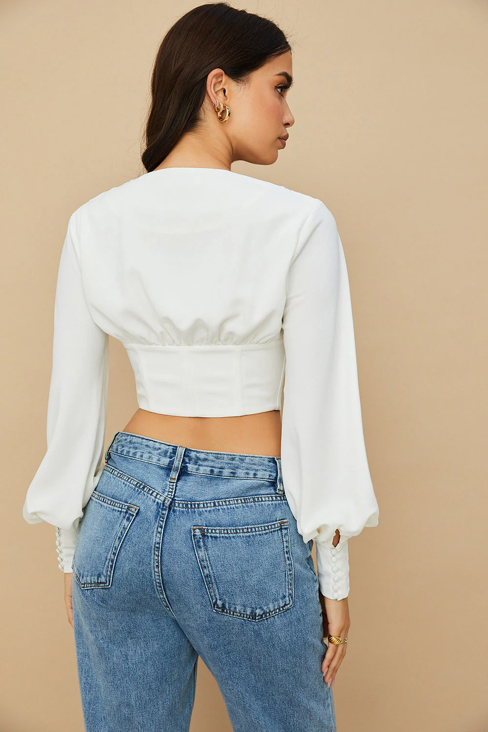 Ladies Cropped Top – Deep V-Neck – Lace-Up Closure – Long Sleeves – Elegant Fit - Image 2