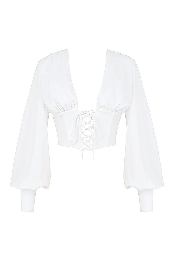 Ladies Cropped Top – Deep V-Neck – Lace-Up Closure – Long Sleeves – Elegant Fit - Image 6