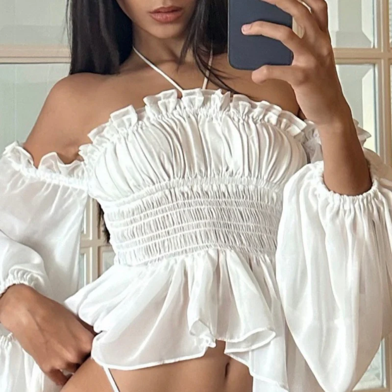 Ladies off-shoulder top with ruffles - elegant pleated design - chic bell sleeves - Image 2