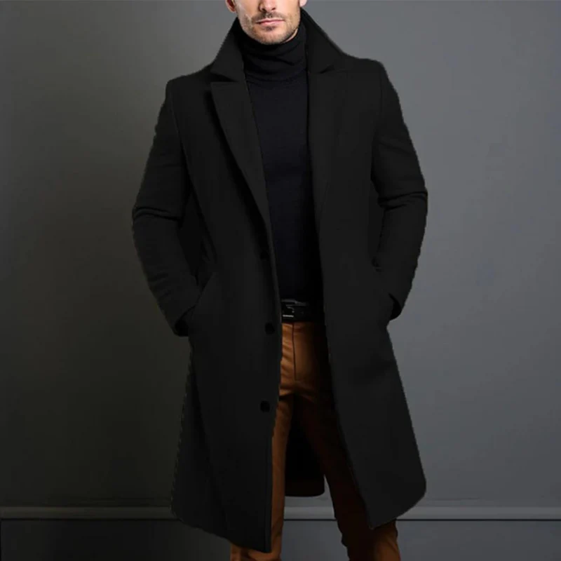 Men's Overcoat - Tailored Fit - Wool Blend - Classic Lapel - Long Cut - Button Closure - Image 3