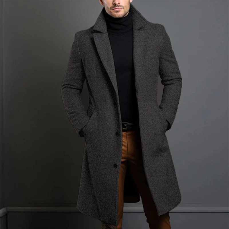 Men's Overcoat - Tailored Fit - Wool Blend - Classic Lapel - Long Cut - Button Closure - Image 4
