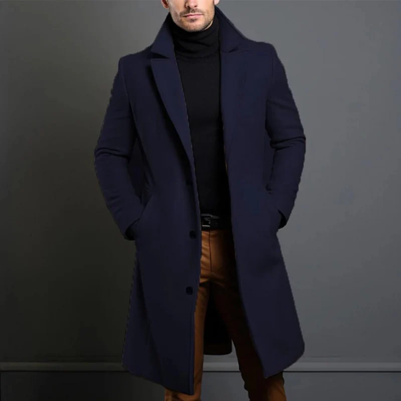 Men's Overcoat - Tailored Fit - Wool Blend - Classic Lapel - Long Cut - Button Closure - Image 5