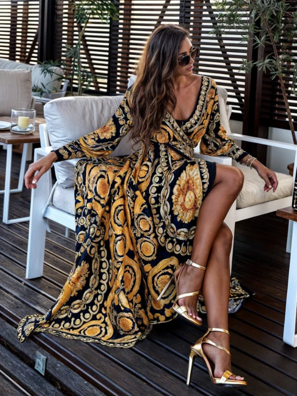 Women’s Maxi Dress – Bohemian Print – Wrap Style – High Slit – Lightweight Long Sleeve - Image 3